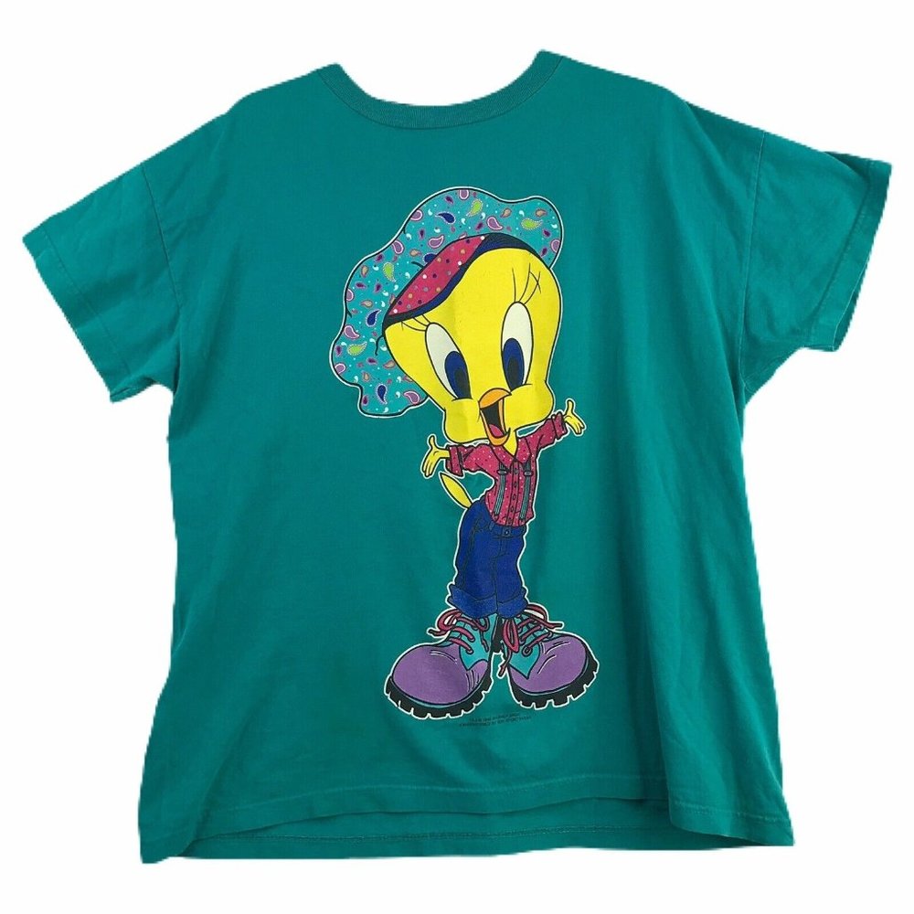 Vintage Looney Tunes Shirt Large L Tweety Bird 1996 Green Teal Graphic 90's READ